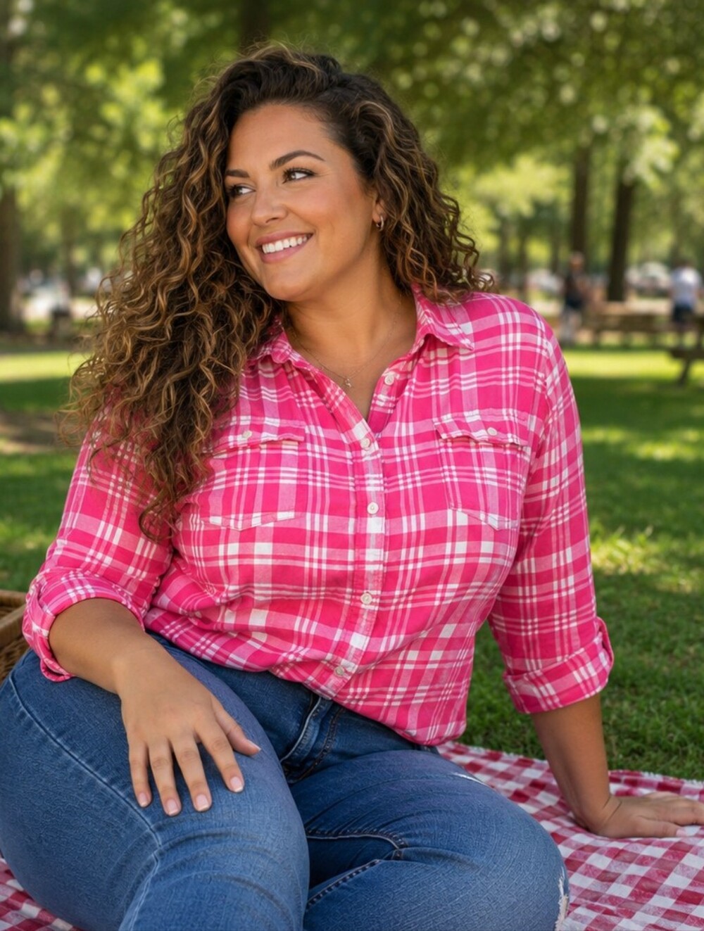 St. John's Bay Pink‎ & White Plaid Button-Down Shirt